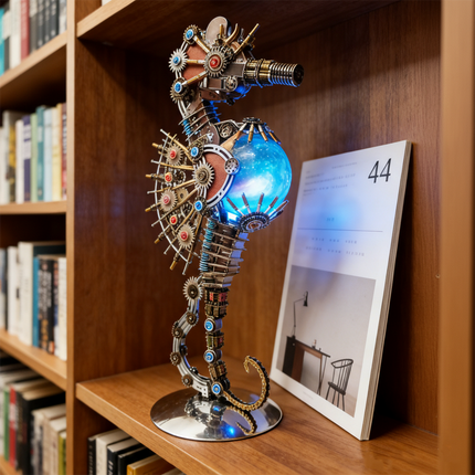 Vibrant mechanical steampunk seahorse 3D puzzle metal kit with a blue illuminated core, perfect as a decorative metal model on a bookshelf. This intricate steampunk puzzle piece features exposed gears and a unique design, adding a futuristic and artistic touch to any space. Ideal for fans of mechanical steampunk aesthetics.