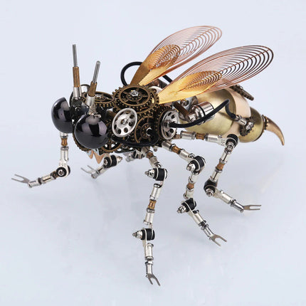 Side view of a stunning mechanical steampunk wasp metal model, showcasing its complex internal gears, articulated legs with metallic feet, bronze wings, and large black eyes. This 3D puzzle metal kit is an excellent example of a detailed steam punk mech.