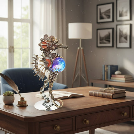 Intricate mechanical seahorse sculpture assembled from a **puzzle mécanique métal**, featuring gear details and a galaxy lamp, serving as unique **maquette en metal** decor.