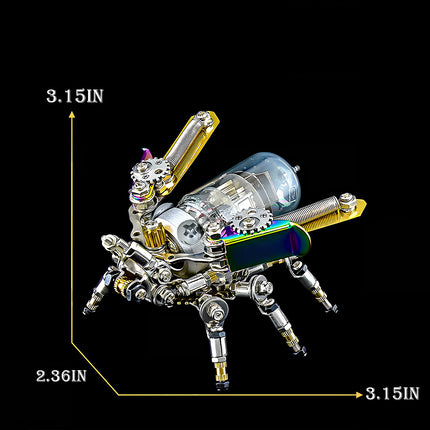 A detailed product image of a completed colorful metal insect 3d puzzle, showcasing its dimensions (3.15in x 2.36in x 3.15in) against a black background. This compact metal model is a perfect DIY project.