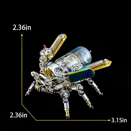 Dynamic angle of a mechanical firefly metal model with a transparent vacuum tube and intricate parts, a unique 3D puzzle for mechanical steampunk.