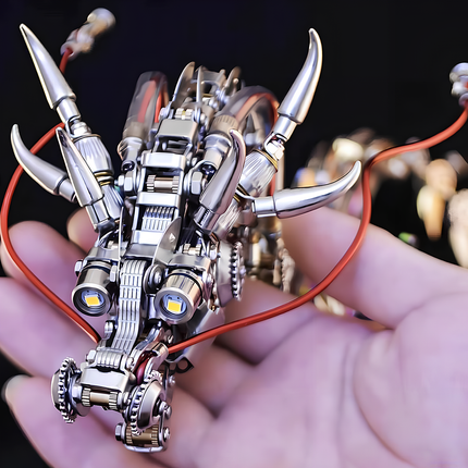 A hand gently holding the detailed head of a metallic dragon model, highlighting its intricate components, horns, and glowing eyes. This small yet complex metal model is a rewarding DIY project, perfect for adding a touch of a funny table aesthetic to any space, available in our 3D puzzle metal kits.