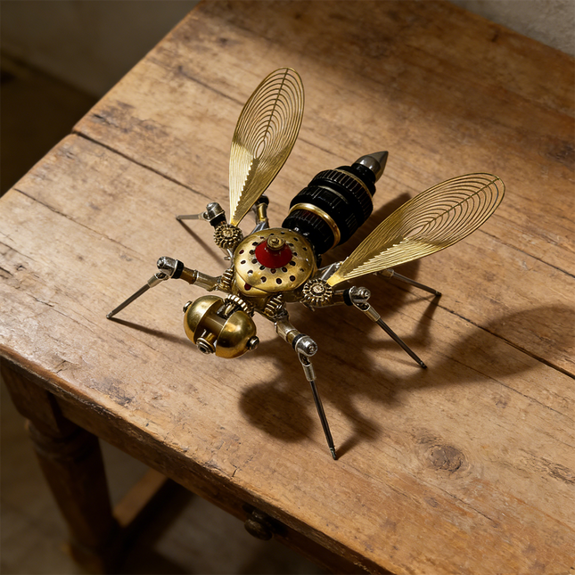 Steampunk puzzle bee metal model on a rustic wooden table, showcasing its mechanical steampunk details and golden wings, a charming 3D puzzle from metal kits.