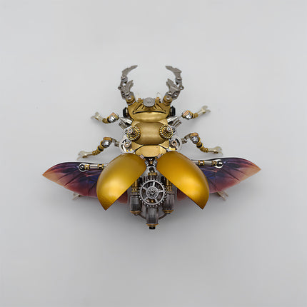 This is a finished Tablefunny steampunk mechanical beetle 3D metal puzzle: Made of gold and silver metal, it replicates the beetle’s form, featuring a shiny gold curved shell paired with transparent wings with purple gradient. Gears, axles and other mechanical components are densely embedded in the body, with exquisite craftsmanship and rich details. It highlights a sense of technology and metallic texture via vintage industrial-style elements—a creative and decorative desktop ornament.