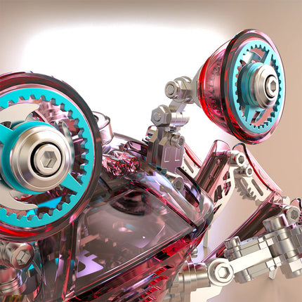 Close-up of a vibrant red steampunk crab mech's transparent eye-like component with blue gear accents, showcasing the intricate mechanical design of this 3D puzzle metal kit and mechanical steampunk model.