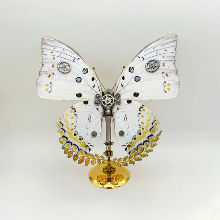 White-yellow patterned steampunk butterfly DIY 3D puzzle metal model - gear-adorned funny table decor from metal kits, golden leaf stand mechanical ornament