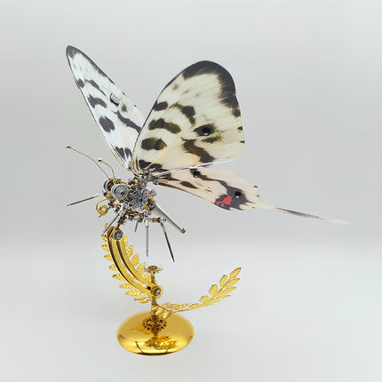 Office desk funny table decor - finished DIY 3D puzzle metal model (long-tailed steampunk butterfly) from metal kits, decorative mechanical insect with golden fern stand