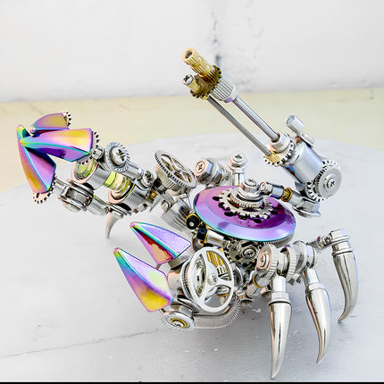 Close-up of a mechanical crab metal model with iridescent claws and gears, a stunning 3D puzzle for mechanical steampunk collectors.