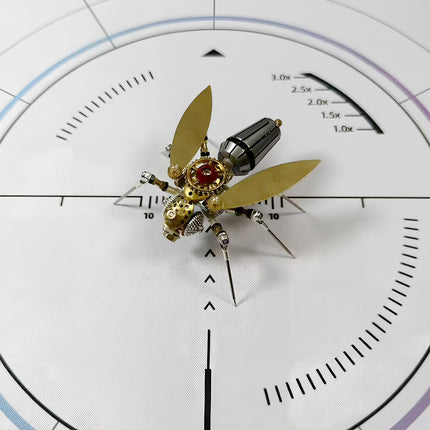 An exquisite 3D puzzle metal kit of a steampunk fly, emphasizing its sophisticated engineering, metallic textures, and the artistic blend of brass, silver, and dark components.