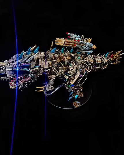  Majestic steampunk dragon metal model, a complex DIY 3D puzzle metal kit with glowing accents, dramatically displayed on a black background, an impressive piece for any funny table.