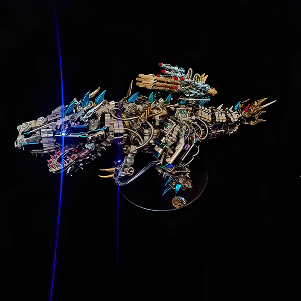  Majestic steampunk dragon metal model, a complex DIY 3D puzzle metal kit with glowing accents, dramatically displayed on a black background, an impressive piece for any funny table.