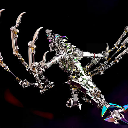 Dynamic close-up of a mechanical steampunk creature metal model, a dragon , with intricate articulated limbs, gears, and metallic body, an advanced 3D puzzle from Metal Kits.