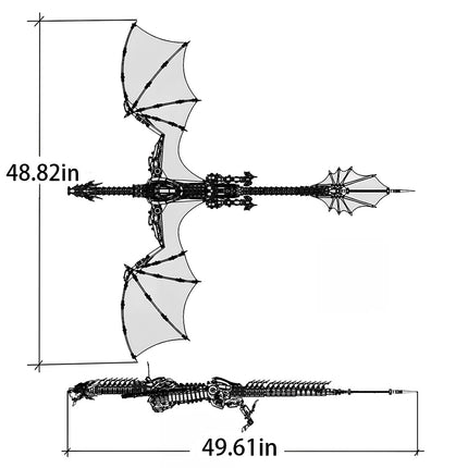 DIY 3D puzzle Metal Kits - "Bloodthirsty Aurora Dragon" metal model dimension chart: 48.82in (height) × 49.61in (length) assembled size, large-scale 3D puzzle metal kit with detailed mechanical structure