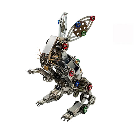  A dynamic mechanical rabbit metal model kit, in a jumping pose, highlighting its articulated limbs, exposed gears, and vibrant colored accents. This metallic 3D puzzle is a lively desk display.
