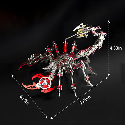 Dimensions of the assembled red scorpion **metal model kit** (7.09in x 6.69in x 4.33in), illustrating the desktop scale of this **puzzle mécanique métal**.