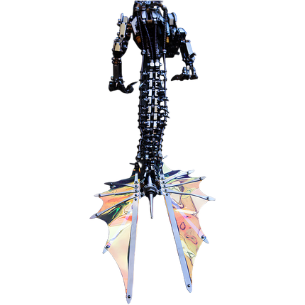 DIY 3D puzzle Metal Kits - "Bloodthirsty Aurora Dragon" metal model detail: Intricate mechanical spine structure, iridescent holographic tail wings, assembled from precision-cut 3D puzzle metal parts, high-end DIY metal model kit