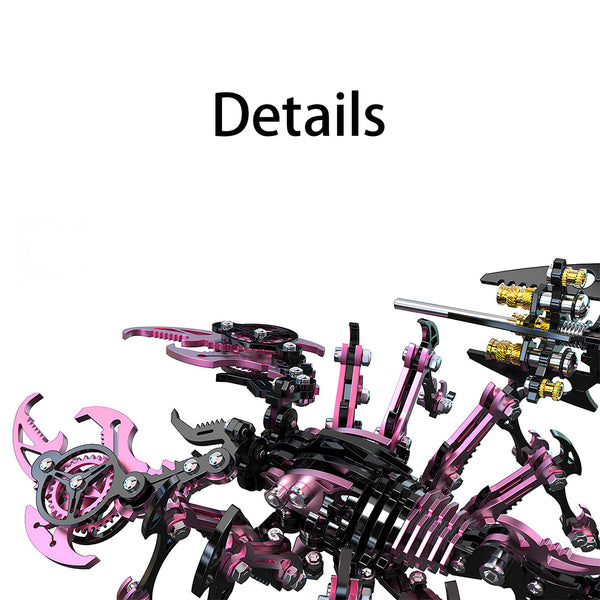 Pink & Black Scorpion DIY 3D Puzzle Metal Kits Detail View - Close-up of the metal model’s polished pink components, precision gears, and golden mechanical parts. This 3D puzzle kit features durable screw connections and movable segments, making it a striking decor piece for any funny table after assembly.