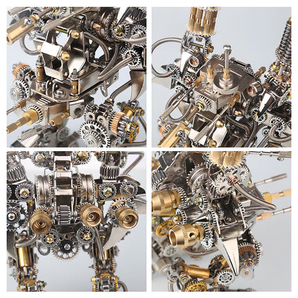 Extreme close-up details of a mechanical steampunk robot Taurus metal model 3D puzzle Metal Kit, highlighting the intricate chrome and brass gears, springs, articulated joints, and precision-engineered mechanical components. This detailed view emphasizes the complexity of building this advanced steam punk mech and challenging steampunk puzzle.