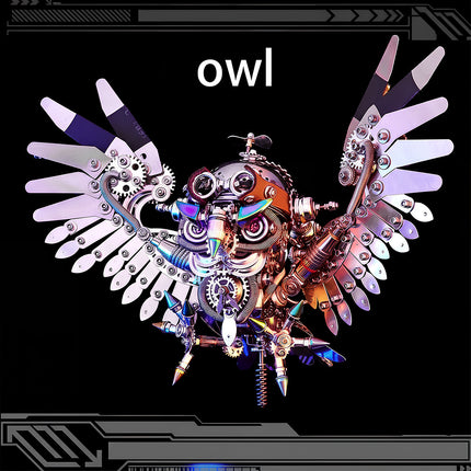 Majestic metal model kit owl sculpture with spread wings, a challenging metallic 3D puzzle for enthusiasts of intricate mechanical metal art.