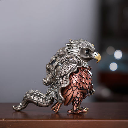 Side profile of a mechanical steampunk eagle metal model featuring an elaborate silver beast-skin cloak and copper feathers.