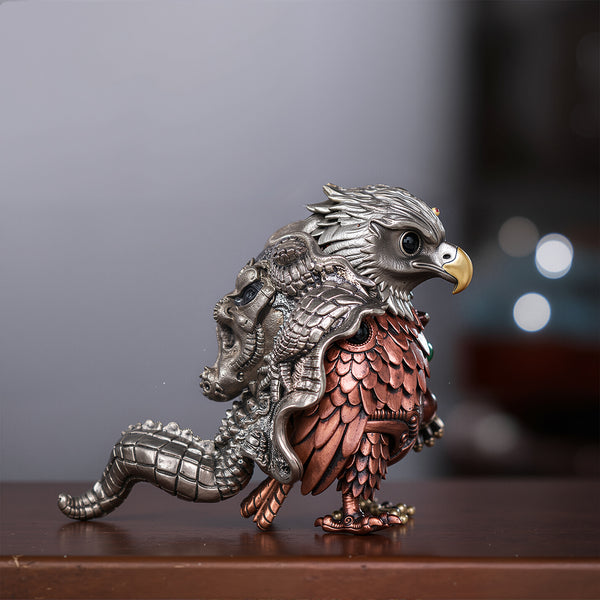 Side profile of a mechanical steampunk eagle metal model featuring an elaborate silver beast-skin cloak and copper feathers.