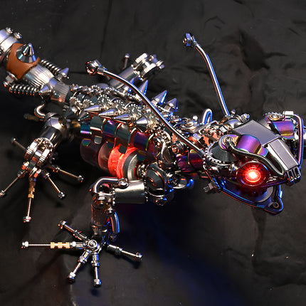 Close-up of a steampunk mechanical lizard metal model with glowing red eye and iridescent scales, a detailed 3D puzzle for mechanical steampunk collectors.