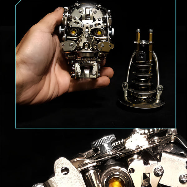 DIY 3D puzzle metal model set (mechanical head + base): Handheld view (size demo), base details & glowing part close-up, a funny table decor for craft showcase