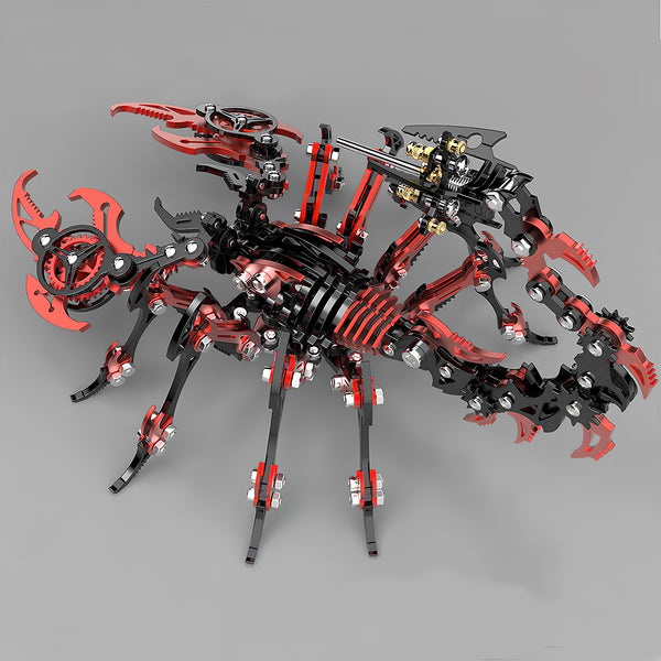  A fully assembled metallic 3D puzzle of a menacing red and black mechanical scorpion, showcasing the intricate design of this metal model kit.