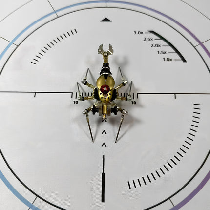 Top-down view of a steampunk beetle mech metal model on a calibration target, a challenging 3D puzzle metal kit for mechanical steampunk enthusiasts.