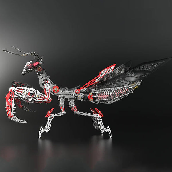 Side profile of an intricate mechanical praying mantis metal model, showcasing its detailed red and black segmented body, powerful forelegs, and multi-layered wings. A challenging metal model kit for enthusiasts of advanced mechanical puzzles.