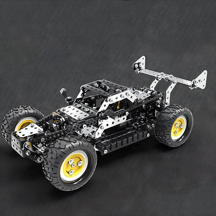 A high-precision off-road metal model car with yellow rims on a dark studio background, part of the 3D puzzle Metal Kits.