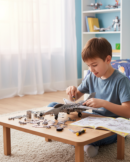 Table Funny Mechanical Jet 3D Metal Puzzle Kit for Kids - An engaging project for young aviation fans, engineering learners, and hands-on children, this creation from Table Funny presents a mechanical jet with metallic components, child-friendly structural mechanisms, and educational aviation styling, highlighted by safe assembly tools and an easy-to-follow instruction manual. It’s a rewarding Table Funny build experience for kids that merges playful exploration, aviation cognition, and developmental fun.