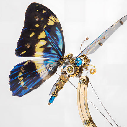 Close-up of a vibrant blue-winged steampunk butterfly metal model, a dazzling funny table accent. This DIY 3D puzzle metal kit combines natural beauty with intricate mechanical detail.