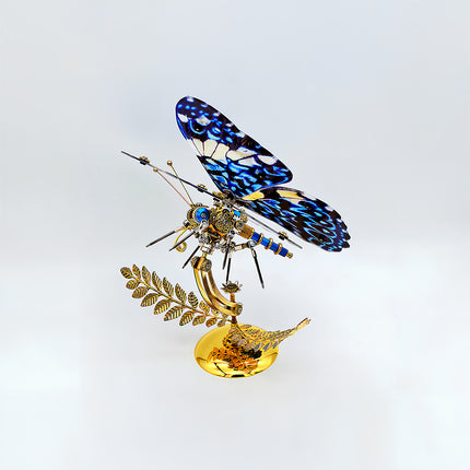 Dynamic blue-white patterned mechanical butterfly DIY 3D puzzle metal model - trendy funny table decor for pop culture displays, creative cafes & niche collection gifts, assembled from intricate metal kits with gilded leaf stand