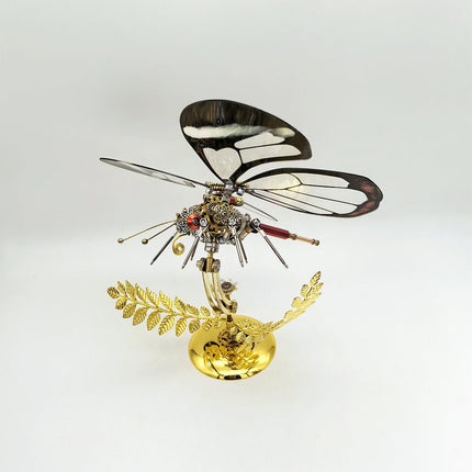 Transparent-winged steampunk puzzle butterfly metal model, a sophisticated 3D puzzle Metal Kit showcasing detailed mechanical steampunk construction.
