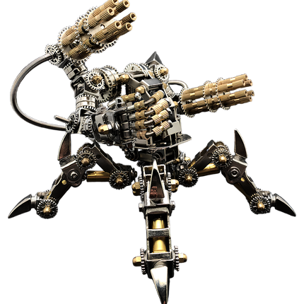 tablefunny DIY metal assembly multi-legged turret model with triple-barrel cannons, exposed gears and braided cables