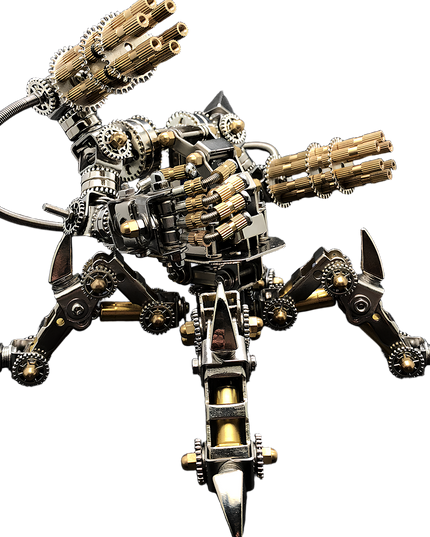 tablefunny DIY metal assembly multi-legged turret model with triple-barrel cannons, exposed gears and braided cables