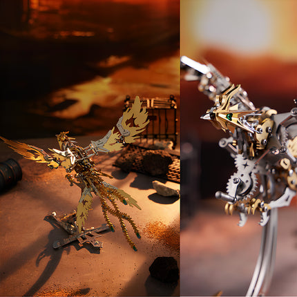  A split image showcasing a golden mechanical phoenix metal model kit. One view captures its full majestic form, while the other offers a close-up of its intricate mechanical head, an exquisite metallic 3D puzzle.
