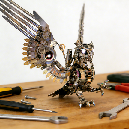  A finely crafted steampunk mech sea eagle maquette en metal with detailed wings and illuminated features, displayed on a wooden surface among various assembly tools. This complex 3D metal model kit is a challenging and rewarding steampunk puzzle for hobbyists.