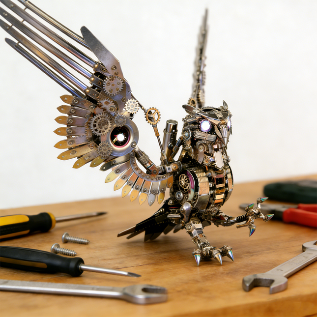  A finely crafted steampunk mech sea eagle maquette en metal with detailed wings and illuminated features, displayed on a wooden surface among various assembly tools. This complex 3D metal model kit is a challenging and rewarding steampunk puzzle for hobbyists.