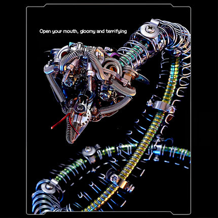 Open-mouthed, gloomy and terrifying metallic 3D puzzle head, a unique metal model kit piece with intricate mechanical details.