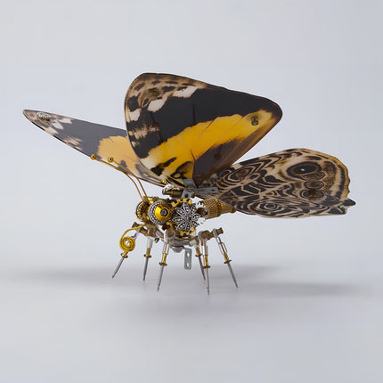 A dynamic steampunk puzzle, this mechanical butterfly features striking brown and yellow patterned wings with intricate details, showcasing its mechanical body from a side angle. This captivating metal model is a testament to innovative mechanical steampunk design, making it an appealing 3D puzzle Metal Kit for hobbyists or a distinctive steampunk mech decorative piece that merges natural patterns with industrial artistry.
