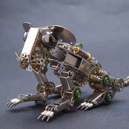 A `mechanical steampunk` mouse `metal model` in a natural pose, highlighting its detailed `steampunk puzzle` assembly and the craftsmanship of `3D puzzle Metal Kits` against a dark background.