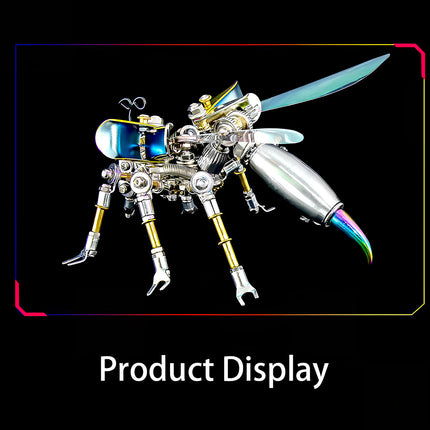 Product display of a futuristic steampunk hornet mech metal model, a unique 3D puzzle metal kit featuring mechanical steampunk style.