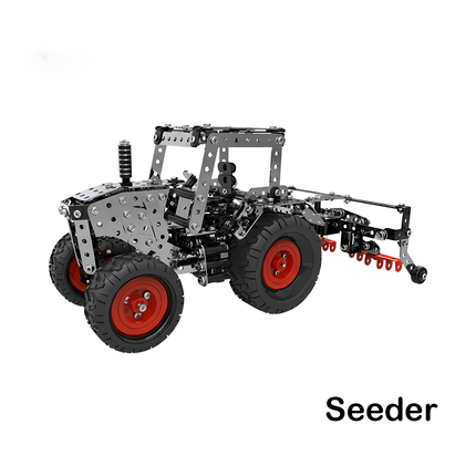 A mechanical seeder model assembled from polished metal parts and screws, a DIY 3D metal assembly kit that blends agricultural engineering with creative desktop art