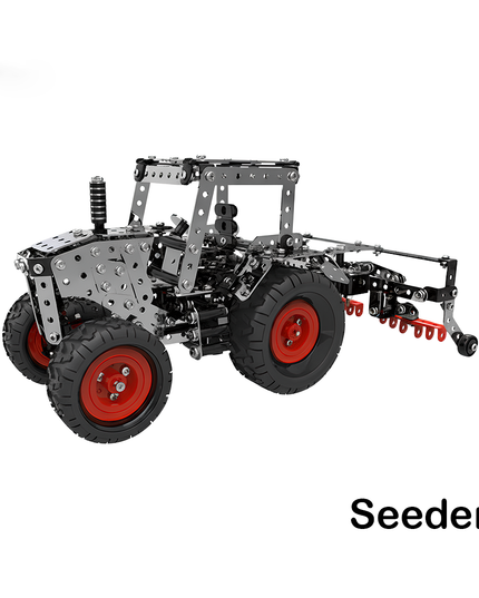 A mechanical seeder model assembled from polished metal parts and screws, a DIY 3D metal assembly kit that blends agricultural engineering with creative desktop art