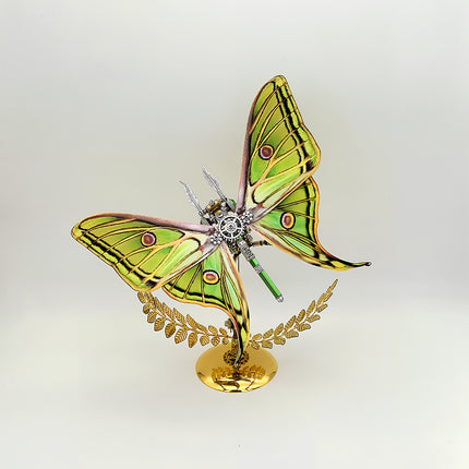 Emerald green eye-spotted steampunk moth DIY 3D puzzle metal model - mechanical funny table decor from metal kits, golden leaf stand ornament