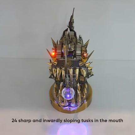  Illuminated mechanical steampunk lanternfish lamp metal model 3D puzzle Metal Kit, featuring a menacing design with sharp teeth, intricate gears, glowing red eyes, and an articulated lure with a crystal light. This captivating steam punk mech also serves as a functional steampunk puzzle light.