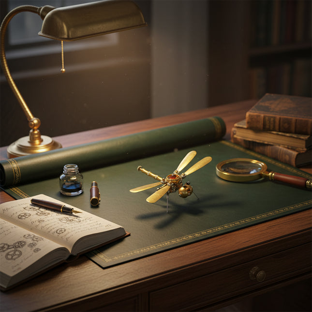 A beautifully arranged desk featuring a steampunk dragonfly 3D puzzle metal kit as a centerpiece, alongside a vintage brass lamp, an open notebook with gear sketches, an inkwell, and a magnifying glass. This mechanical steampunk scene evokes an old-world inventor's study.