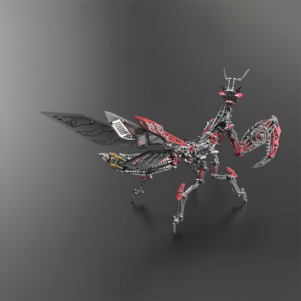 Dynamic mechanical praying mantis metal model with spread wings, a striking black, red, and silver DIY 3D puzzle. This intricate Metal Kits figure makes a unique and funny table display, perfect for those who appreciate detailed metal model craftsmanship.